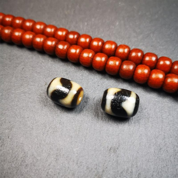 1 Pair of Tiger Tooth Dzi Beads 0.47" - Tibetan dzi bead, detailed view