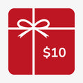 $10 gift card image. Red square, white bow, white lettering.