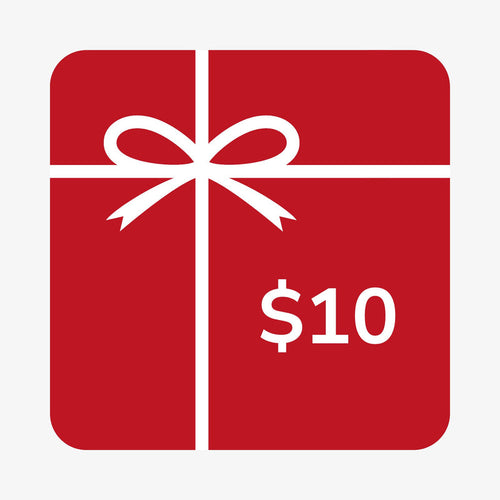 $10 gift card image. Red square, white bow, white lettering.