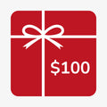 $100 gift card image. Red square, white bow, white lettering.