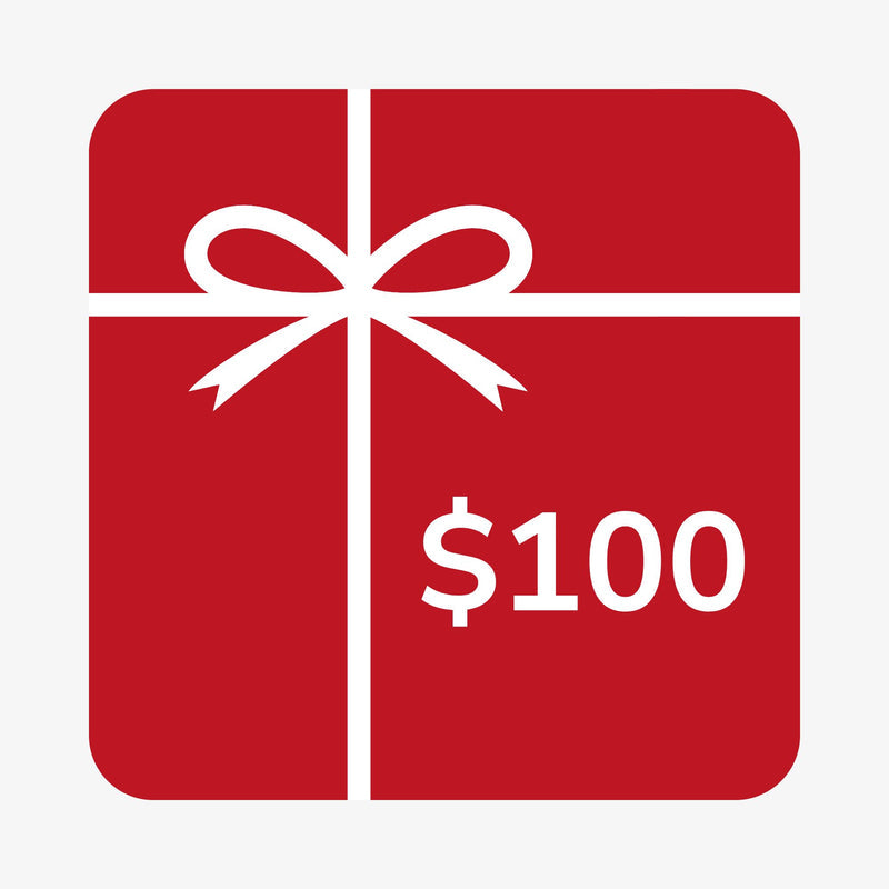 $100 gift card image. Red square, white bow, white lettering.