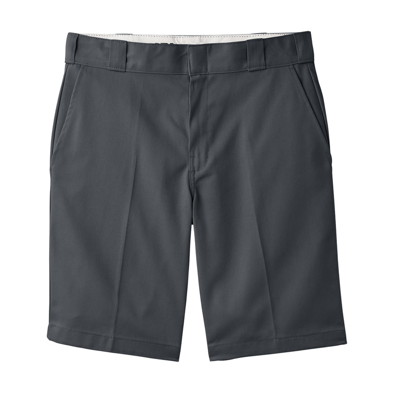 Men's 11-inch charcoal shorts with belt loops and flat front styling