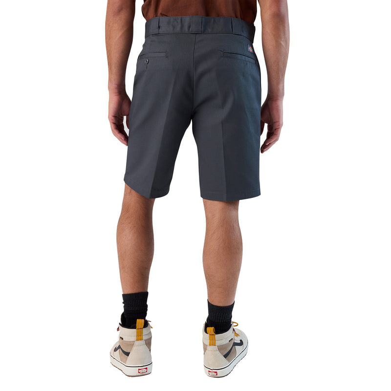 Men's charcoal 11-inch shorts from behind, straight legs and hem