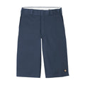 Men's dark navy loose-fit shorts with belt loops, pleats, and side pockets