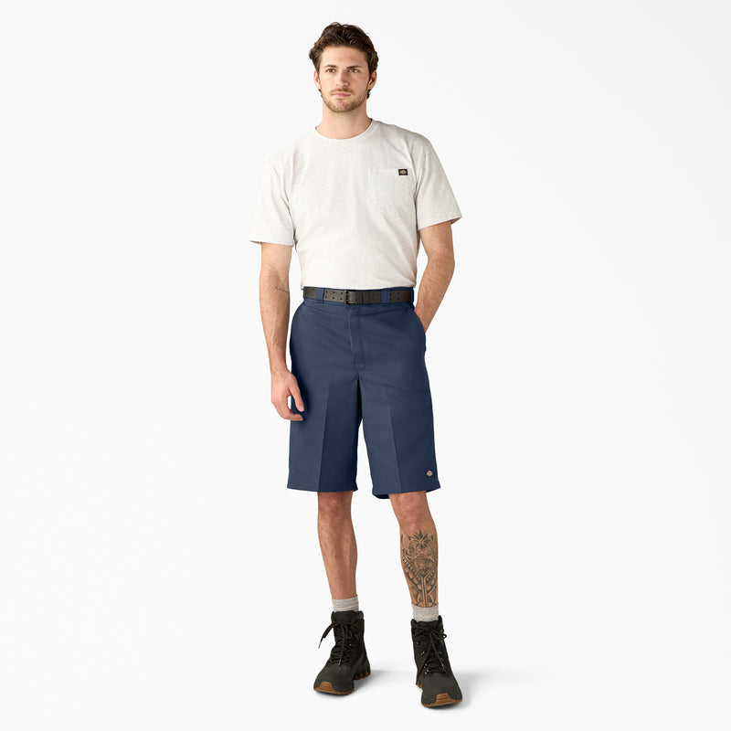 Men's dark navy loose-fit shorts, above-knee length, belt loops and button closure