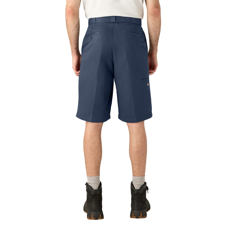 Men's dark navy loose-fit shorts, back view, above-knee length, belt loops