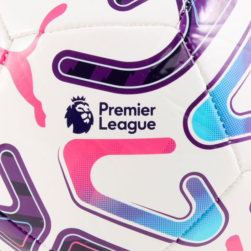 Premier League mini ball close-up, white panel with Premier League lion logo and graphics