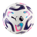 White Premier League match ball with Puma graphics, blue and pink pattern panels