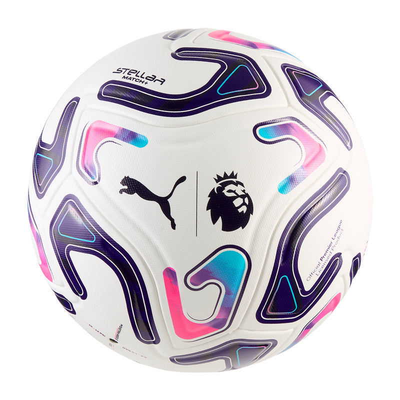 White Premier League match ball with Puma graphics, blue and pink pattern panels