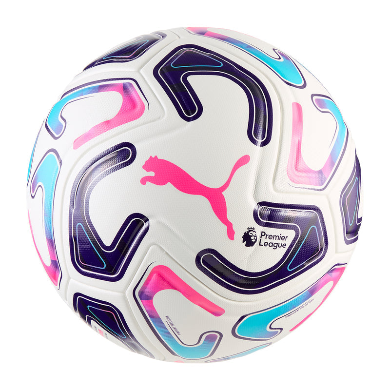 White match ball with Puma logo, blue and pink abstract channel shapes
