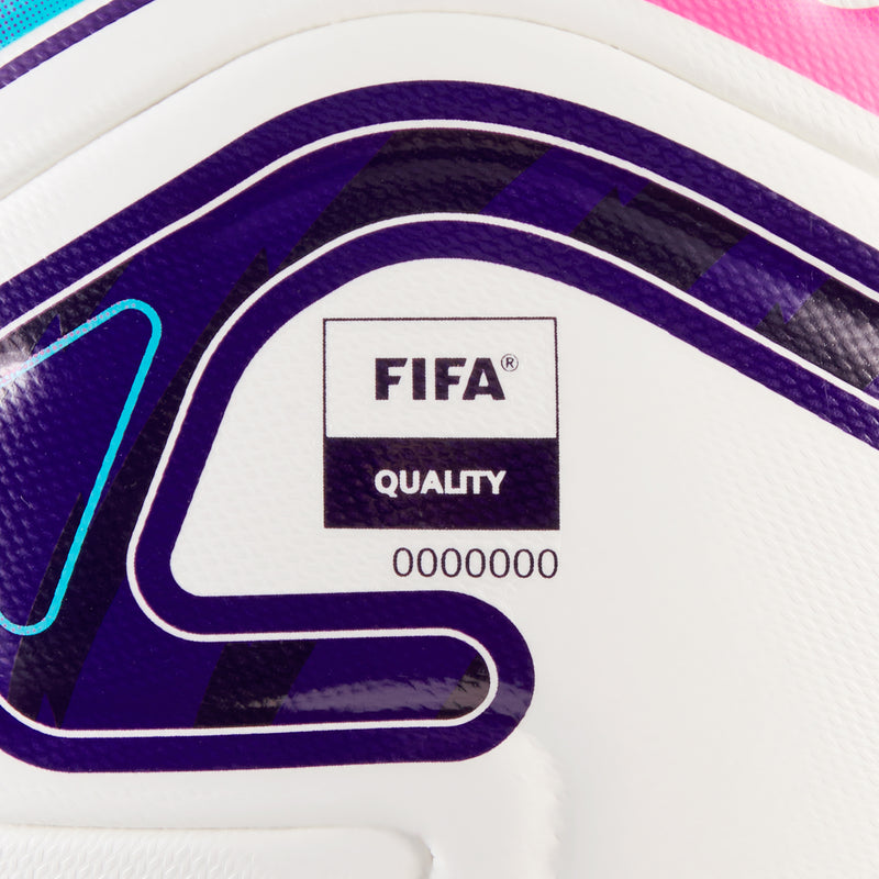 Football ball with FIFA quality label and multicolor purple curved accents