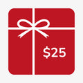$25 gift card image. Red square, white bow, white lettering.