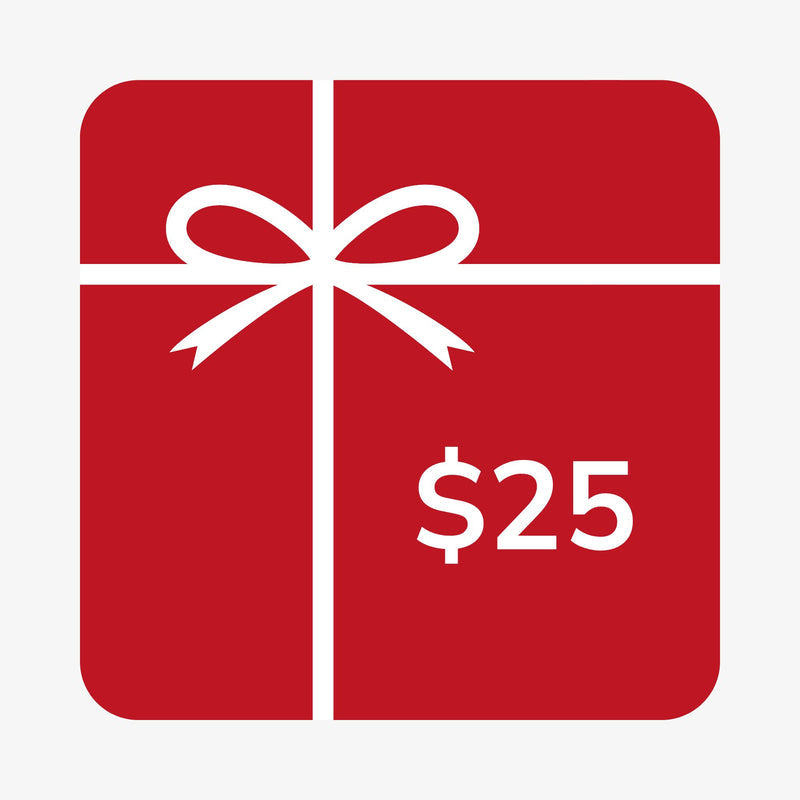 $25 gift card image. Red square, white bow, white lettering.