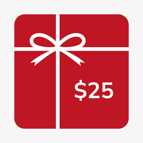 $25 gift card image. Red square, white bow, white lettering.