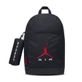 Black backpack with Air Jordan logo and attached pencil case