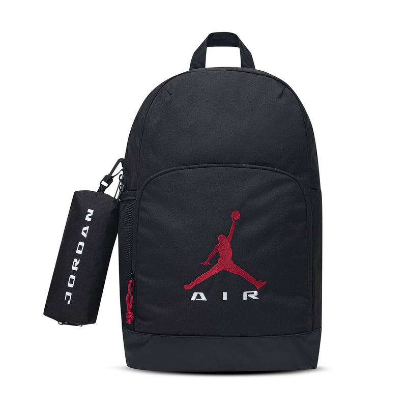 Black backpack with Air Jordan logo and attached pencil case