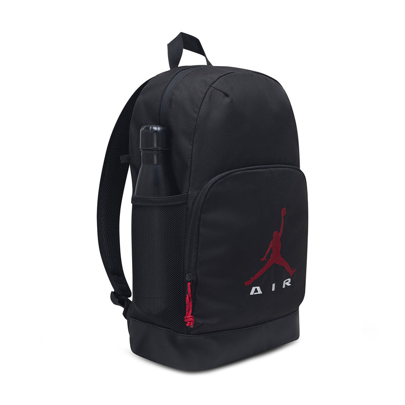 Black backpack with front pocket, Air Jordan logo, and attached pencil case