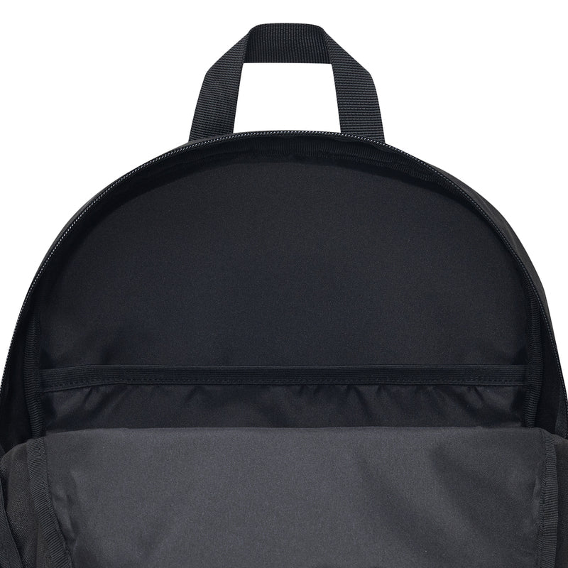Black backpack with padded top handle and zipped main opening