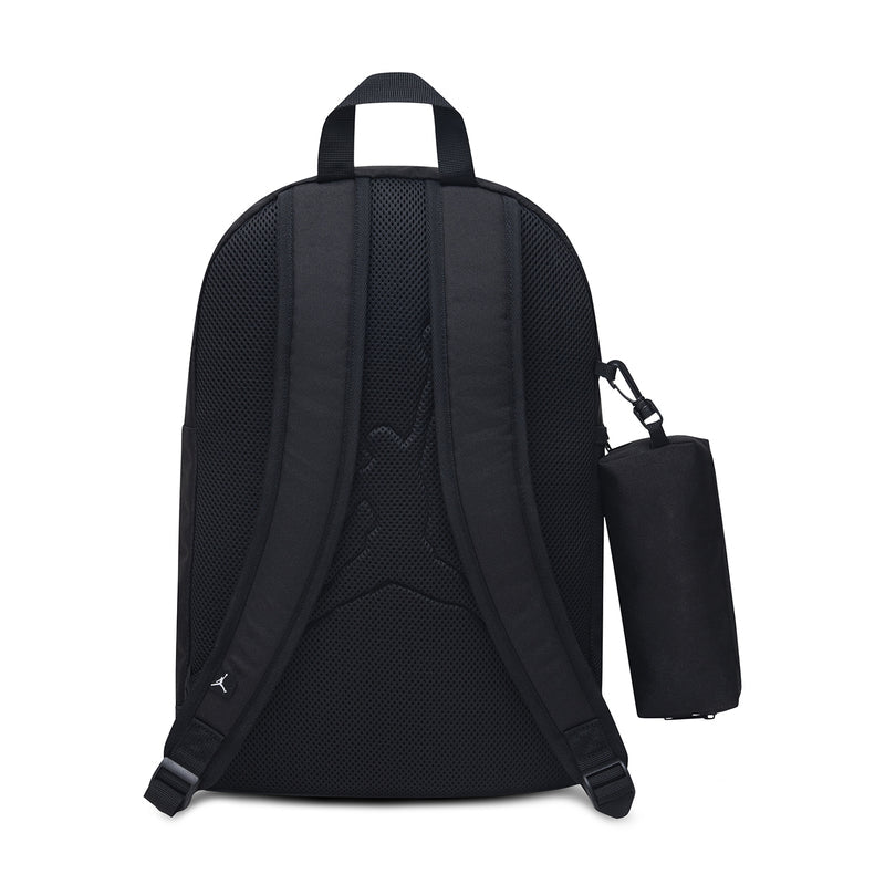 Black backpack with mesh back panel, shoulder straps, and attached pencil case