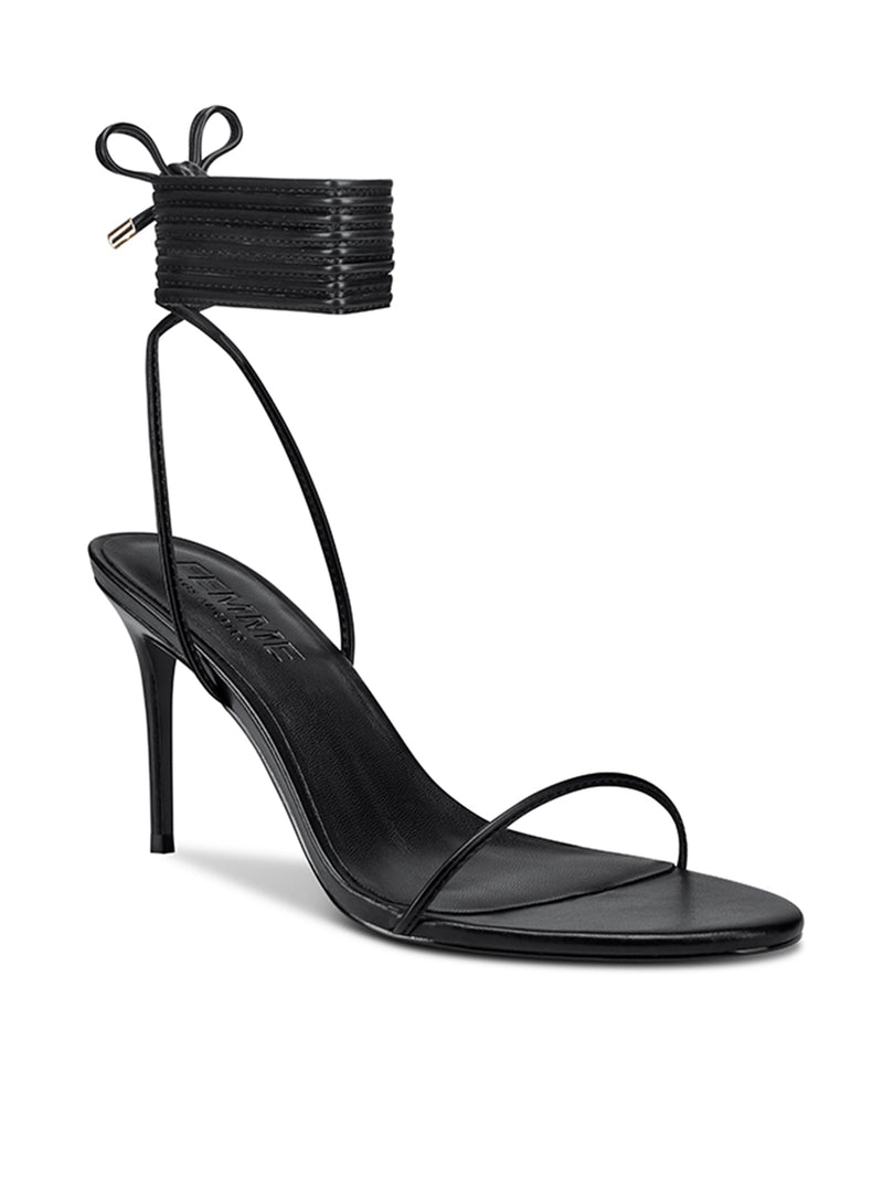 Femme LA 3.0 Barely There Lace Up in Noir – front three-quarter view showing lace-up ankle cuff, thin toe strap, and Femme LA branded insole