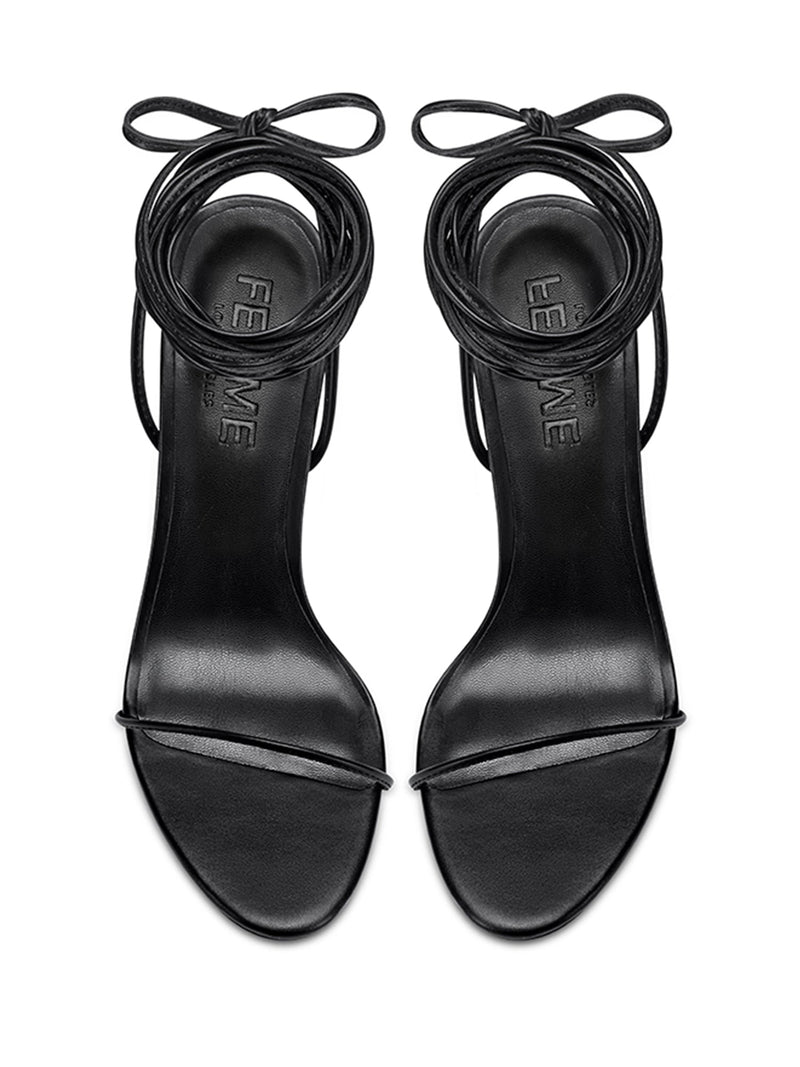 Femme LA 3.0 Barely There Lace Up in Noir – top-down view of the pair showing thin toe straps, lace-up ankle cuffs, and Femme LA branded insoles