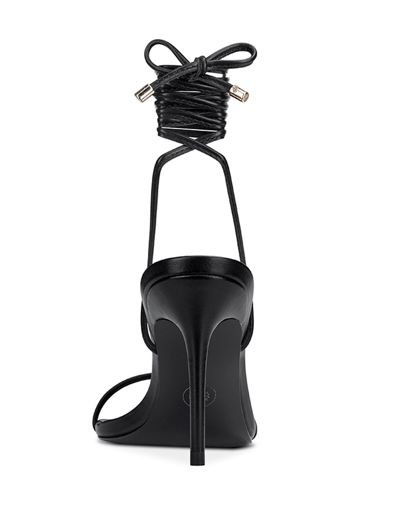 Femme LA 3.0 Barely There Lace Up in Noir – back view showing lace-up ankle cuff with gold-tipped aglets tied in a bow and slim stiletto heel