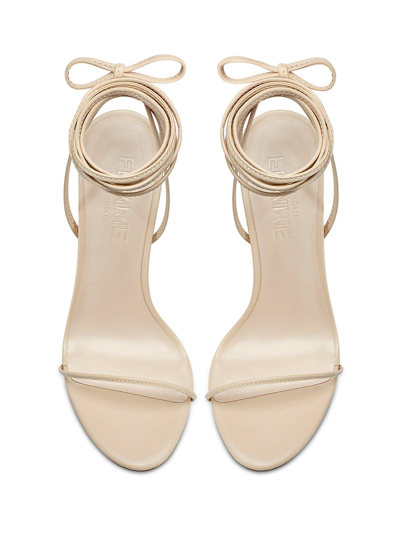 Femme LA 3.0 Barely There Lace Up in Nude – top-down view of the pair showing thin toe straps, lace-up ankle cuffs, and Femme LA branded insoles