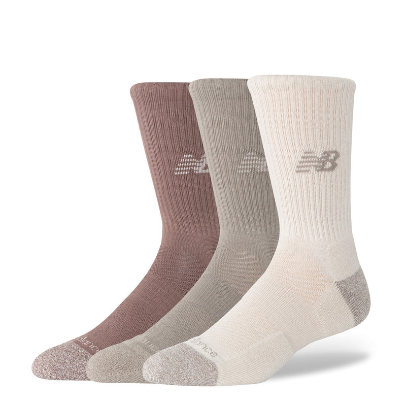 3-pack small active crew socks, brown gray and cream with New Balance logo