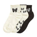 3-pack quarter socks in ivory and black, bow and pattern accents, scallop trim