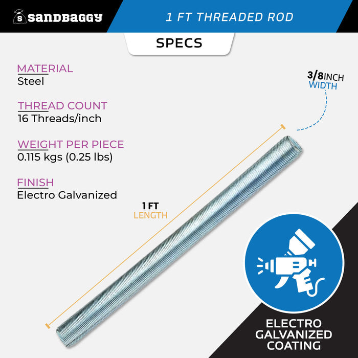 3/8" x 1 ft Threaded Rod - Galvanized (Zinc Plated)