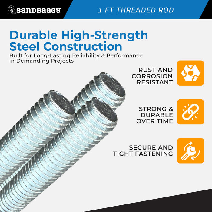 3/8" x 1 ft Threaded Rod - Galvanized (Zinc Plated)