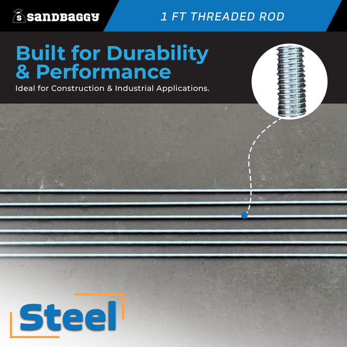3/8" x 1 ft Threaded Rod - Galvanized (Zinc Plated)