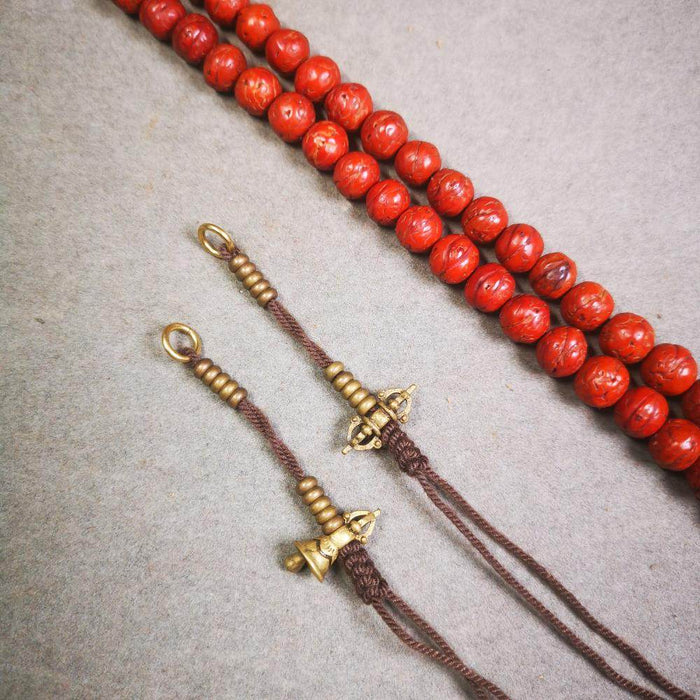 4mm Brass Prayer Bead Counters with Dorje Bell Pendant - Tibetan Buddhist art, front view
