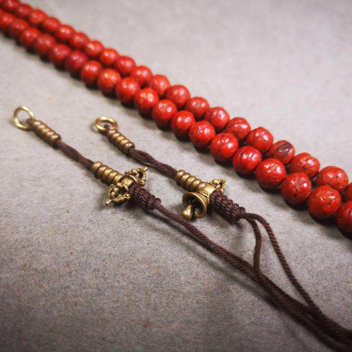 4mm Brass Prayer Bead Counters with Dorje Bell Pendant - Tibetan Buddhist art, close-up detail