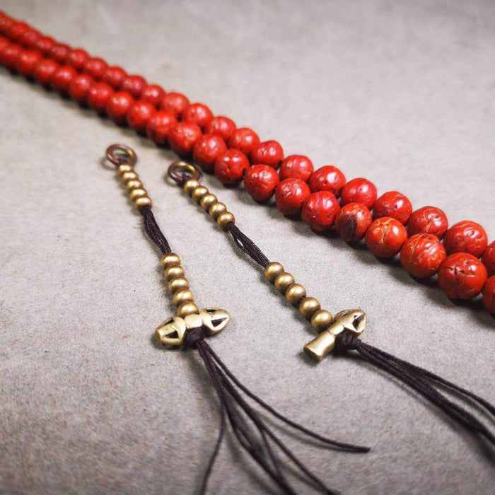 4mm Brass Prayer Bead Counters with Dorje Bell Pendant - Tibetan Buddhist art, close-up detail