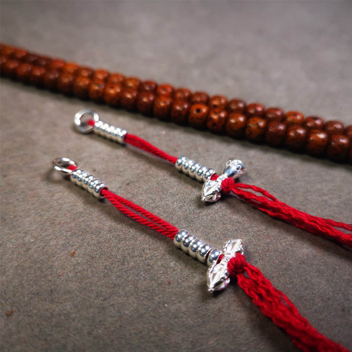 4mm Sterling Silver Prayer Bead Counters with Dorje and Vajra Pendant - Tibetan Buddhist vajra, close-up detail