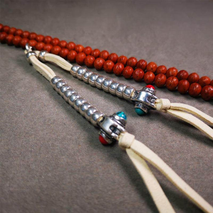 5-7mm Brass Prayer Bead Counters with agate Pendant - Tibetan Buddhist art, detailed view