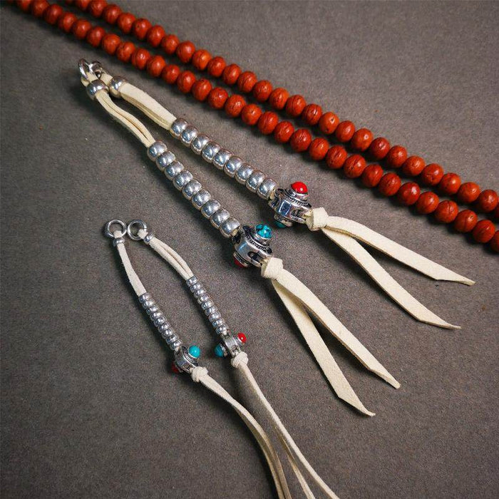 5-7mm Brass Prayer Bead Counters with agate Pendant - Tibetan Buddhist art, close-up detail