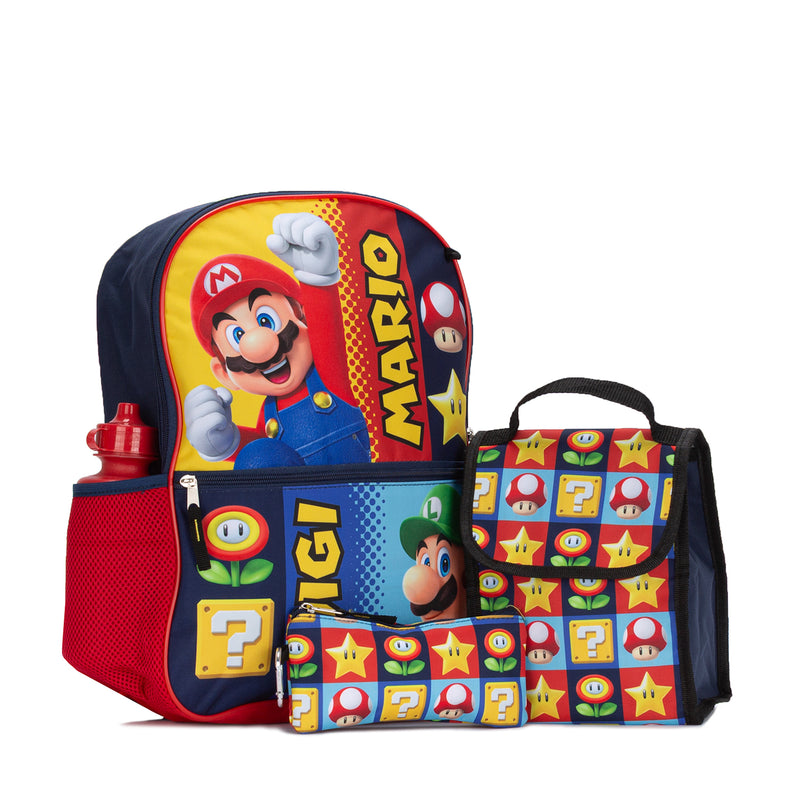 Kids backpack and lunch set with Mario and Luigi character graphics, blue/red, plus bottle