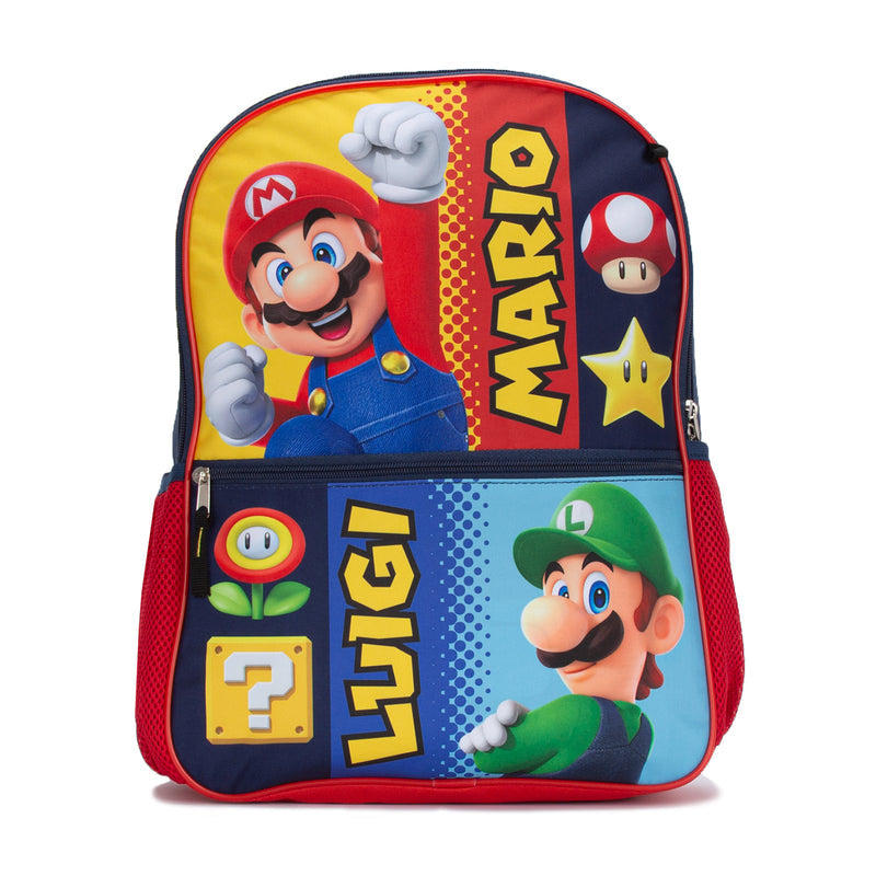 Kids Mario backpack with Luigi character front panel, blue/red and yellow accents