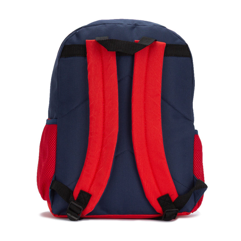 Kids Mario and Luigi backpack back view, navy fabric with red padded straps