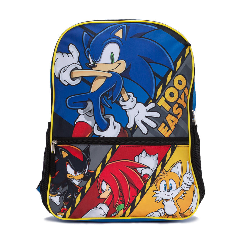 Blue character backpack with front panel art and zipper pocket, black trim