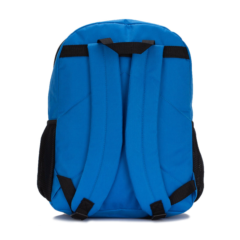 Blue backpack back view with padded straps and black adjustable buckles