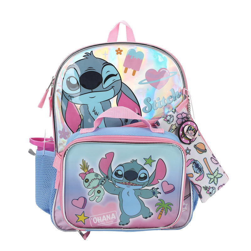 Stitch character backpack with iridescent front and pink zipper trim
