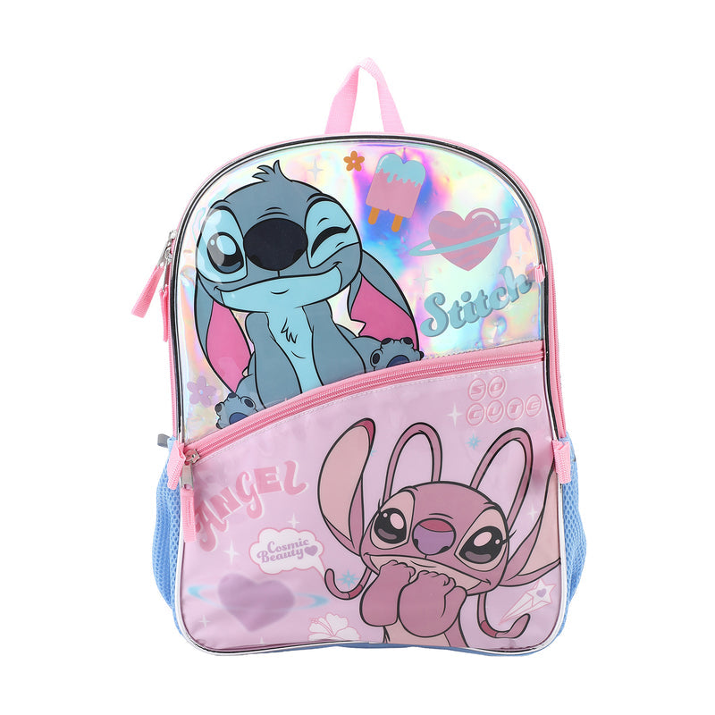 Stitch character backpack front with pink panel and Stitch and angel bunny graphic