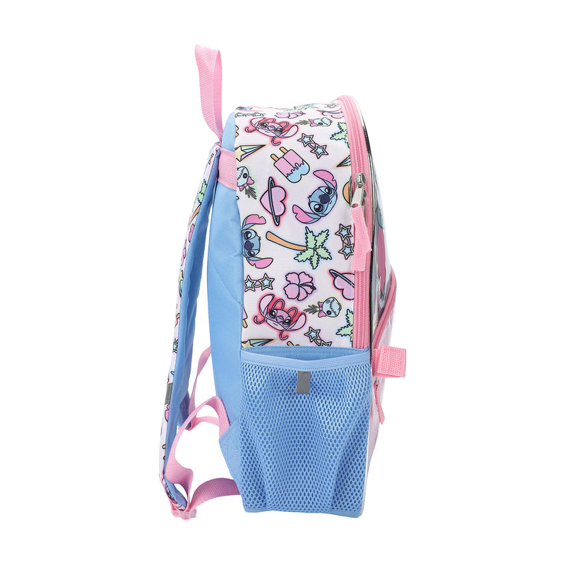 Stitch backpack side with blue mesh pocket and patterned fabric panels