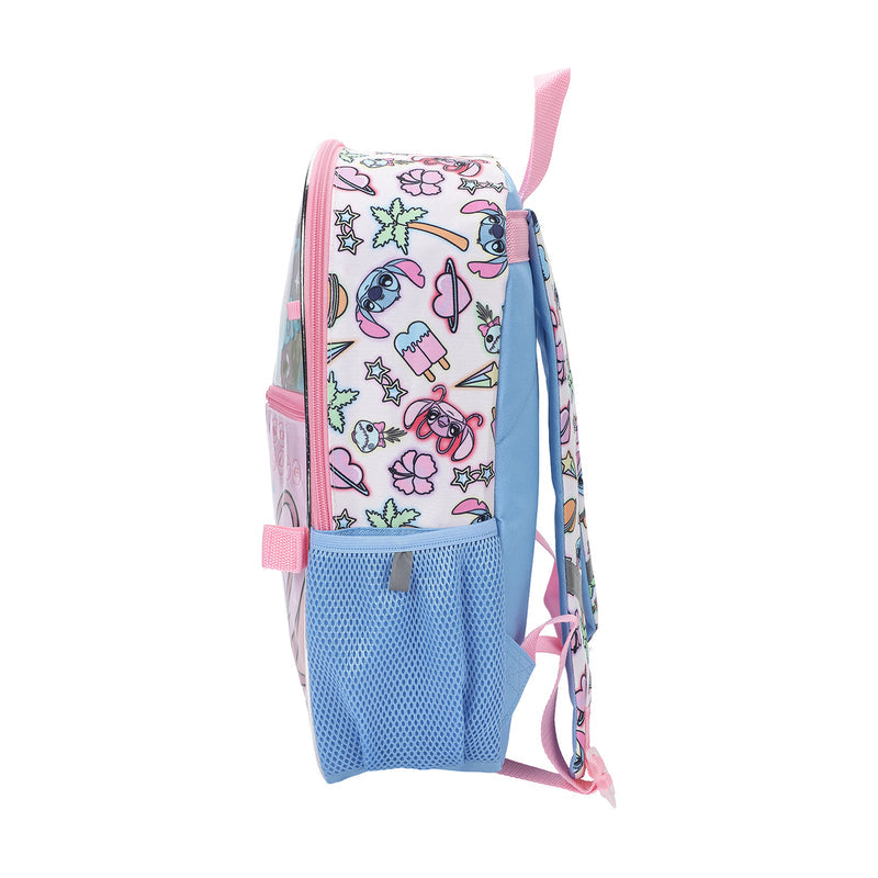 Stitch backpack back view with adjustable straps and blue mesh bottle pocket