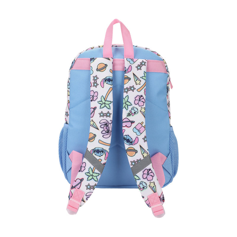 Stitch backpack with colorful front print and pink-lined zipper