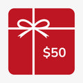 $50 gift card image. Red square, white bow, white lettering.