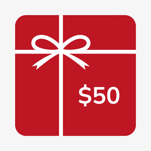 $50 gift card image. Red square, white bow, white lettering.
